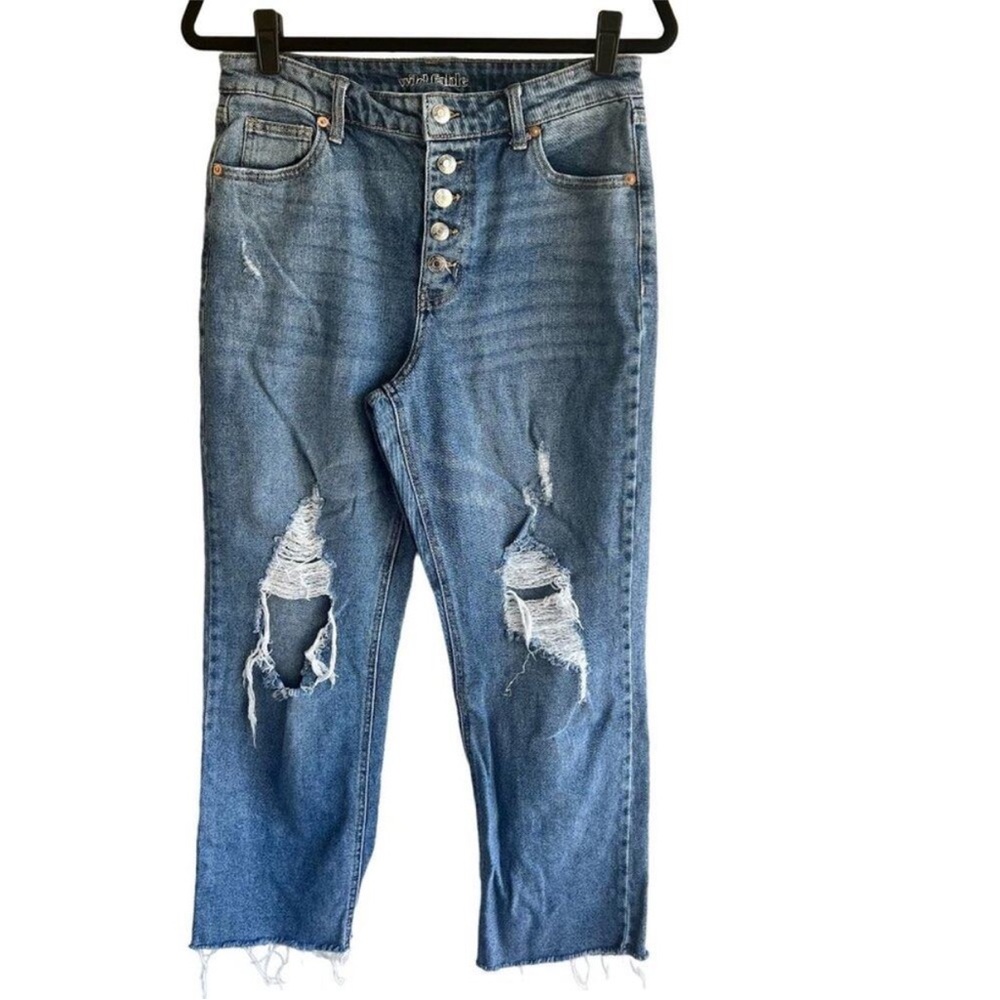 Wild Fable exposed button fly distressed raw hem straight ankle jeans 10